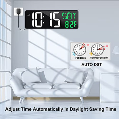 17" Large Digital Wall Clock with Remote, Auto Dimmer, Date Temp, Timer | Large clear display, Snooze function, Count up and down timer, Suitable for Living Room, Office, Gym Indoor Spaces - color: Green + White