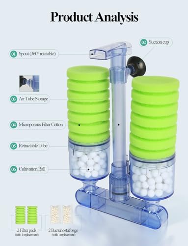 Sponge Filter, Quiet Fish Tank Filter with Media | Ultra Quiet, 10-40 Gal, 360° Oxygen, Bio Media, Safe for Fry & Shrimp
