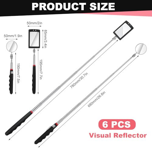 6 Pcs Telescoping Inspection Mirror,Retractable Round Mechanical Mirror Tool,Under Vehicle Square Inspection Mirror,Car Visual Reflector,Retractable Detection Mirror Repair Tool