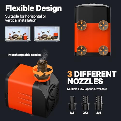 DOKO 480GPH Submersible Water Fountain Pump for Pond, Aquarium, Hydroponic | 1800L/H 35W Ultra Quiet Water Pump with 8.2ft Lift Height, 6FT Power Cord and 3 Nozzles for Fish Tank & Statuary - size: 35W 480GPH