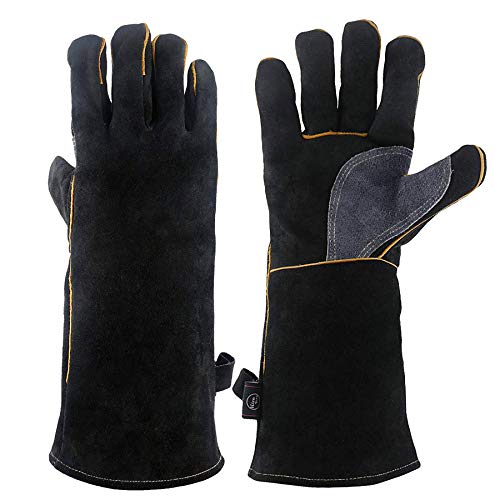Extreme Heat & Fire Resistant Gloves Leather with Kevlar Stitching,Mitts Perfect for Fireplace, Stove, Oven, Grill, Welding, BBQ, Mig, Pot Holder, Animal Handling