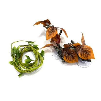 Reptile Climbing Vine 2-Pack – Resin Driftwood with Suction Cups & Bendy Ivy (Medium-Large 10") for Terrariums, Geckos, Lizards, Snakes, and Reptile Habitats (Autumn Leaf) - color: Autumn Leaf