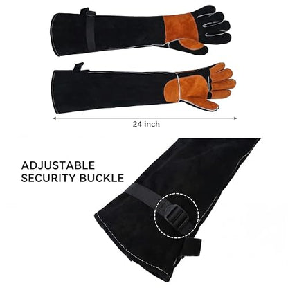 Long Leather Welding Gloves Animal Handling Scratch Bite Proof | 24 Inch Full arm coverage.Flame-retardant split leather shields against intense welding heat and animal bites. - color: Black