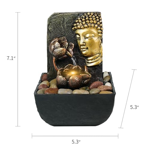 FerrisIsland Desktop with LED Light Buddha Lotus Resin Fountain (Gold) | FerrisIsland desktop with LED light Buddha lotus resin fountain suitable for Zen home and office desktop decoration (gold) - color: Lotus Buddha Statue