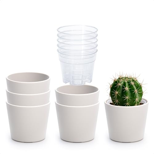 Phoenix Vine 3.5 Inch Oatmeal Plastic Cachepot with Clear Nursery Pot, Decorative Lightweight Planter Cover with Transparent Inner Pot for Indoor Houseplants, Pack of 6, 24-A-G-6 - color: Oatmeal, size: 3.5" (6 Pack)