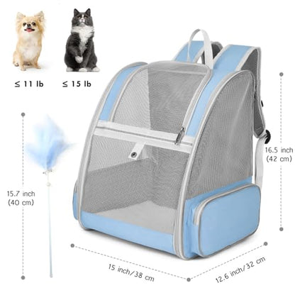 Cat Backpack Carrier, Large Pet Backpack with Kitten Wand Feather Toy for Medium Small Dog Cat Puppy Kitty Bunny up to 15lbs, Ventilated Mesh Dog Travel Carrier for Hiking Walking Outdoor Use (Blue) - color: Blue