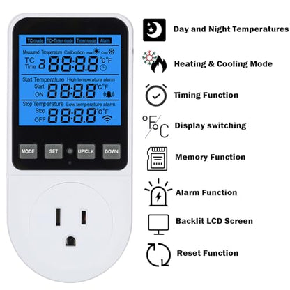 Digital Day Night Thermostat Heating Cooling Outlet Plug with Timer | Multi Period Temperature Controller, LCD Screen Outlet Socket for Reptile Incubator Greenhouse Brewing Refrigerator 110V - color: Upgraded