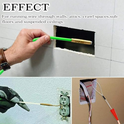 50 Feet Fiberglass Fish Tape Cable Rods, Electrical Wire Running Pull/Push Kit with Hook and Hole Kit Glow Rod, Hook Hole, Green - size: 50FT