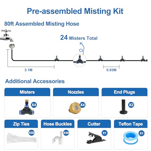 Pre-Assembled Misters for Outside Patio,Outdoor Misting System,80FT|24M. | Backyard Water Cooling Mist Kit for Garden,Greenhouse,Deck,Umbrella,Canopy,Pool,Porch.Trampoline Sprinkler,Party Accessories - size: 80FT-Pre