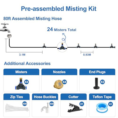 Pre-Assembled Misters for Outside Patio,Outdoor Misting System,80FT|24M. | Backyard Water Cooling Mist Kit for Garden,Greenhouse,Deck,Umbrella,Canopy,Pool,Porch.Trampoline Sprinkler,Party Accessories - size: 80FT-Pre