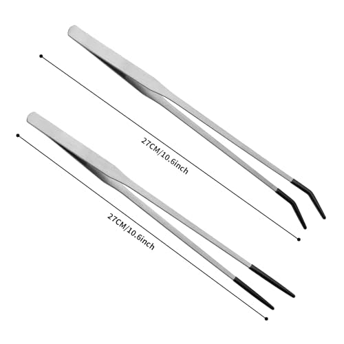 Novery 2PCS 10.6" Rubber Tip Reptile Feeding Tongs, Straight & Curved | Soft Non-Scratch Tips, For Bearded Dragon Snakes, Aquarium Terrarium Enclosure & Craft Tools, Tank Accessories