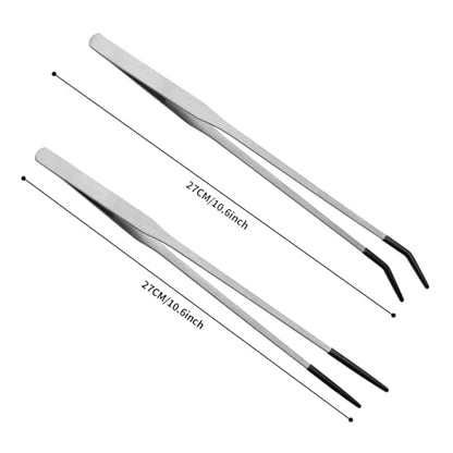 Novery 2PCS 10.6" Rubber Tip Reptile Feeding Tongs, Straight & Curved | Soft Non-Scratch Tips, For Bearded Dragon Snakes, Aquarium Terrarium Enclosure & Craft Tools, Tank Accessories