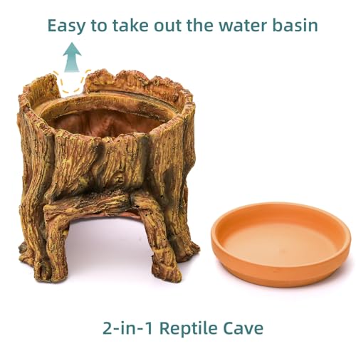 Cididu Reptile Hide Cave Resin, 2 in 1 Reptile Hideout Cave and Food Tray, Reptile Shelter with Detachable Food Bowl, Leopard Gecko Keeper Habitat Help Shedding for Amphibian, Snake, Lizard, Turtle