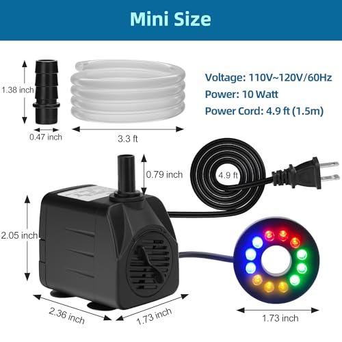 DaToo Mini Submersible Fountain Water Pump With LED Light 160GPH 10W Small Ultra Quiet Water Pump With Tubing For Aquarium Fish Tank Outdoor Pond Water Feature Fountain Statuary - size: 160GPH 10W(12 LED)