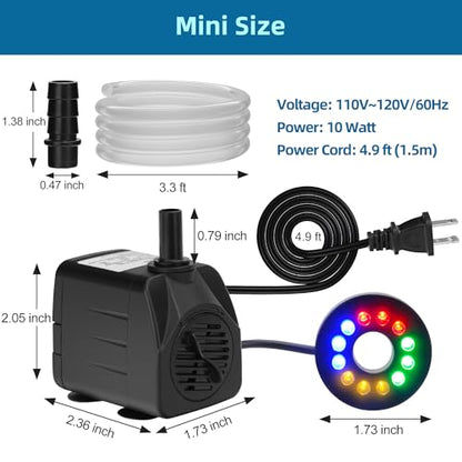 DaToo Mini Submersible Fountain Water Pump With LED Light 160GPH 10W Small Ultra Quiet Water Pump With Tubing For Aquarium Fish Tank Outdoor Pond Water Feature Fountain Statuary - size: 160GPH 10W(12 LED)