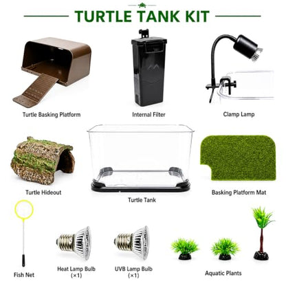 Turtle Tank Starter Kit, Durable PC Turtle Aquarium Kit with Basking Platform & Dimmable Heat Lamp, Baby Aquatic Turtle Tank with Filter, Complete Turtle Habitat Kit for Beginners