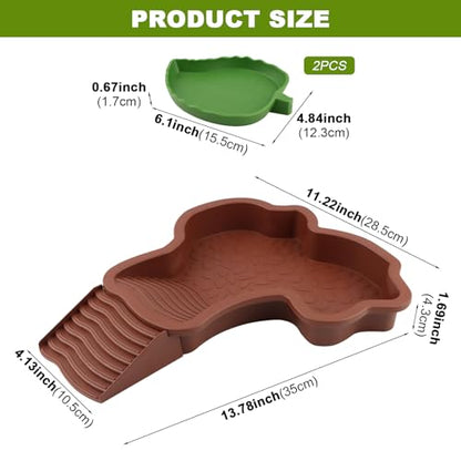 3 Pcs Aquatic & Terrestrial Reptiles Bathing Pool Set, Turtle Water Bowl | Tortoise Water Dish with Removable Ramp and 2 Pcs Feeding Dish - color: Dark Brown【1 x Water Dish, 2 x Feeding Dish】