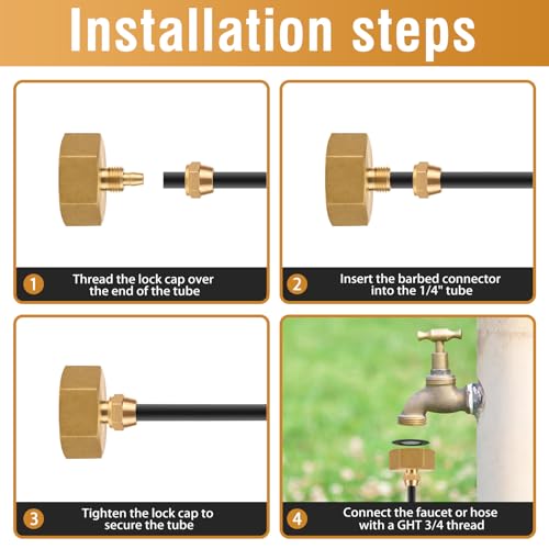Garden Hose to 1/4 Tubing Adapter for Drip Irrigation/Spray System | for Patio Misting,GHT 3/4 to 1/4 Water Line Adapter,Solid Brass,Standard Thread,Leakproof,Easy to Install,Tight Seal,3 Packs