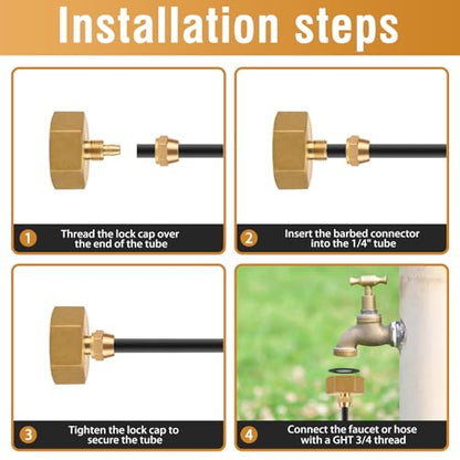 Garden Hose to 1/4 Tubing Adapter for Drip Irrigation/Spray System | for Patio Misting,GHT 3/4 to 1/4 Water Line Adapter,Solid Brass,Standard Thread,Leakproof,Easy to Install,Tight Seal,3 Packs