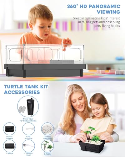 MoonOrange Small Turtle Tank, Aquarium, Acrylic Terrarium with Basking Platform, Bottom Drainage, Multi-Function Areas for Turtles, Crabs, Crayfish, Reptiles.(Black) - color: Black