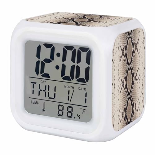Snakeskin Print Alarm Clock, Boho Brown Beige Reptile Scales Animal Texture Digital Clock Night Light with 7 Color, Calendar Temperature 12/24H Display, Snooze Model Silent Desk Clocks for Bedroom