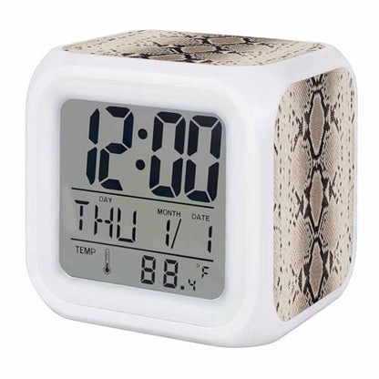 Snakeskin Print Alarm Clock, Boho Brown Beige Reptile Scales Animal Texture Digital Clock Night Light with 7 Color, Calendar Temperature Display, NightLight Clock for Bedroom, 3.2x3.2in - color: Beige, Brown, Black