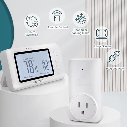 DIGITEN Wireless Thermostat WTC100 Pro Temperature Controller for Cooling & Heating, Remote Controlled Outlet, Easy-to-Use and Non-Programmable Plug in Thermostats for Home