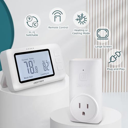 DIGITEN Wireless Thermostat WTC100 Pro Temperature Controller for Cooling & Heating, Remote Controlled Outlet, Easy-to-Use and Non-Programmable Plug in Thermostats for Home
