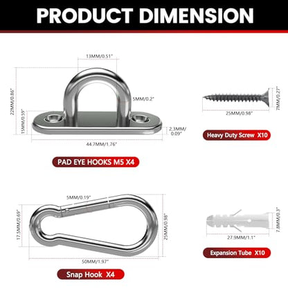 304 Stainless Steel Pad Eye Snap Hook, M5 Ceiling Hook 500Lb,8Pcs | Hanging Kit with Screws for Hammock Chair Swing, Yoga Gym Equipment, Sun Shade Sail, Plant Hangers & Marine Boat Hardware - size: 2 Inch, style: Oval