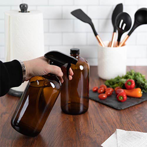 Large 32oz Amber Glass Spray Bottles with Funnel - Refillable Trigger Sprayer Containers for Oils, Cleaning Products, Plant Misting, Cooking, Hair, and Beauty. Includes 4 Bottles and 1 Funnel. - size: 4 Count (Pack of 1)