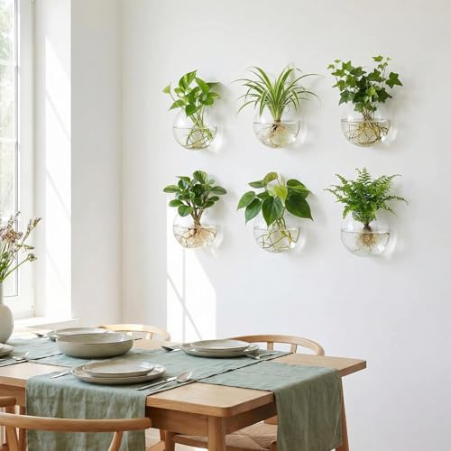 6 Pack Wall Hanging Planters Terrarium, 4.7 Inch Glass Oblate Globe Plants Containers, Wall Mount Clear Flower Vase for Propagating Hydroponics Plants, Air Plants (Plants Not Included)