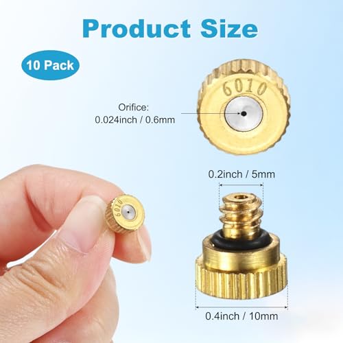 M METERXITY 10-Pack Brass Misting Nozzles, 0.024inch/0.6mm Orifice Heavy Duty 10/24 UNC Screw Thread Misting Nozzle Plug for Outdoor Spray Cooling System/Patio Mist System/Dust Control - size: 0.024inch/0.6mm