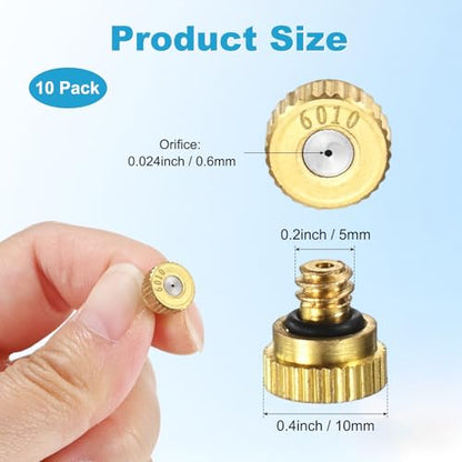 M METERXITY 10-Pack Brass Misting Nozzles, 0.024inch/0.6mm Orifice Heavy Duty 10/24 UNC Screw Thread Misting Nozzle Plug for Outdoor Spray Cooling System/Patio Mist System/Dust Control - size: 0.024inch/0.6mm