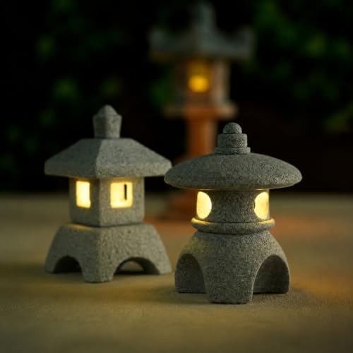 Japanese Pagoda LED Lamp Statue Figurine, Small Pagoda Lantern with Warm LED Light, Zen Garden Decor, Japanese Decor for Home, Desk, Bonsai, Terrarium, Aquarium Ornament - style: Style K