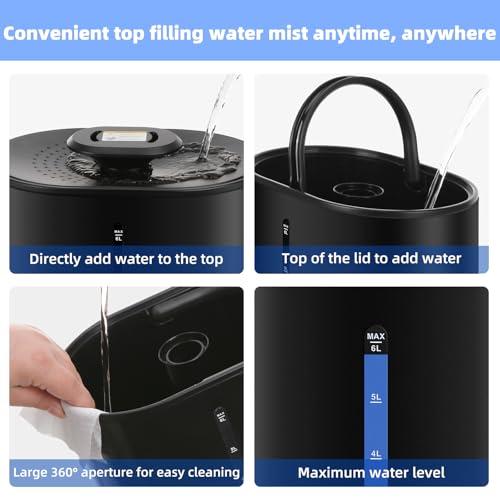 Coolfiqu 6L Warm & Cool Mist Humidifiers for Bedroom,Large Room,Plants | Quiet Top Fill Ultrasonic Humidifier,Essential Oil Diffuser, Auto Humidity Control,Hot Mist Desk Humidifiers,360° Nozzle - color: A-Black