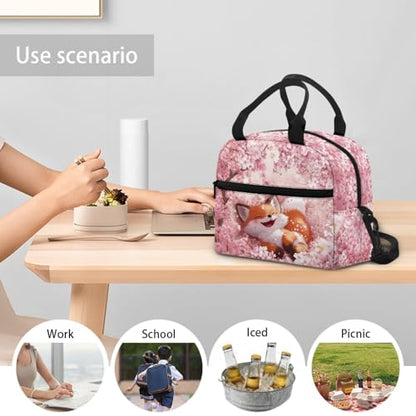 Fox Lunch Box Kids Insulated Lunch Bag for Girls Cherry Blossom Reusable Lunchbox Cooler Lunch Tote Bag for Kids Lunchbag with Shoulder Straps - color: Cherry Blossom Fox Print