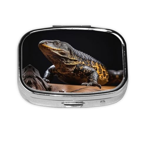 Square Round Pill Case Reptile Monitor Lizard Pill Box Daily 2 Compartment Travel Pill Container for Pocket Purse Portable Medicine Cod Liver Oil Storage Box 2 Times a Day Pill Organizer - color: Reptile Monitor Lizard