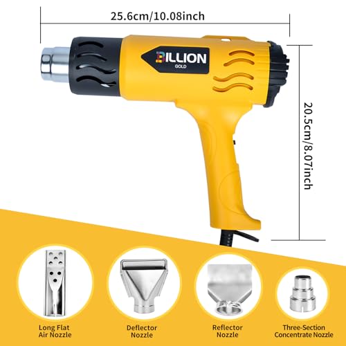1800W Heat Gun, 100℉ to 1200℉ Heat Shrink Gun with 4 Nozzles | Variable Hot Air Gun with 2 Wind Speeds & 5 Temp Settings, 4 Nozzles For Crafts, Shrink Tubing, DIY Projects & PVC Bending - color: Yellow-4