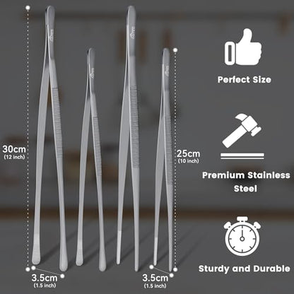 HOTEC Kitchen Tweezers Tongs Stainless Steel, Set of 4-10" and 12inch Extra-Long Food Tweezers Fine Kitchen Tongs for Cooking,Grill and Baking - color: Silver, size: 4PCS: 12 & 10 Inch