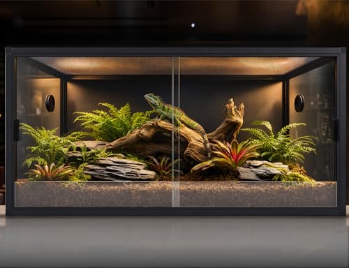 120 Gallon Reptile Tank, 4x2x2 Reptile Enclosure for Bearded Dragon, Snake, Ball Python & Chameleon, Aluminum Alloy Reptile Terrariums Cage with Front Sliding Tempered Glass Doors (Black) - color: Black
