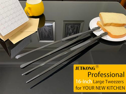 JETKONG 2 Pcs 16-Inch Heavy Duty Plating Tongs, Extra-Long Kitchen Fine Tongs Large Stainless Steel Cooking Forceps (Black) - color: Black, size: 16+16 Inch