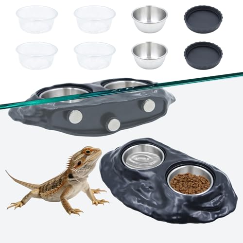 Magnetic Resin Reptile Feeding Ledge - Black Double Feeder with 8 Replacement Cups (3 Types), Strong Magnet Gecko Food and Water Dish for Crested Gecko, Chameleon, Lizard Terrarium Accessories