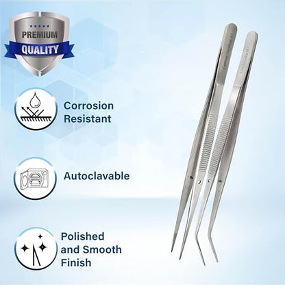 Lab Tweezers High Precision Forceps, 6" (15.2 cm), Fine Strong Point tweezers, Stainless Steel (6" Straight + Angled) - size: 6 " Straight + Angled