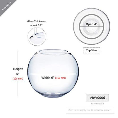 WGV Bowl Glass Vase Bulk, Diameter 6", Height 5", Open Width 4", (Multiple Sizes Choices) Clear Bubble Planter Terrarium Fish Bowl for Wedding Event Home Decor, 12 Pieces (VBW0006) - size: 6"Dx5"H 1 Case