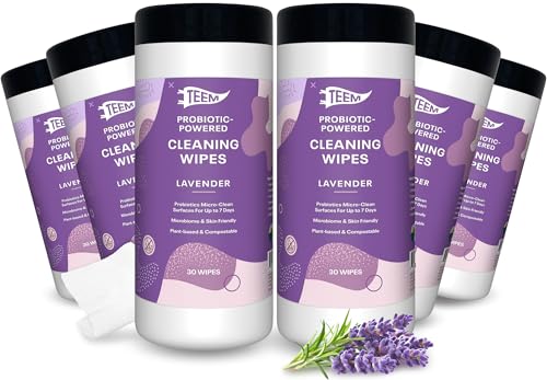 TEEM Probiotic Cleaning Wipes, Natural & Compostable, Lavender - 6 Pack | Microcleans Surfaces, Multi Surface Wipe, Home Compostable, Biodegradable, Enzyme Cleaner, Gym Wipe - size: 30 Count (Pack of 6)