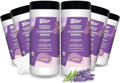 TEEM Probiotic Cleaning Wipes, Natural & Compostable, Lavender - 6 Pack | Microcleans Surfaces, Multi Surface Wipe, Home Compostable, Biodegradable, Enzyme Cleaner, Gym Wipe - size: 30 Count (Pack of 6)