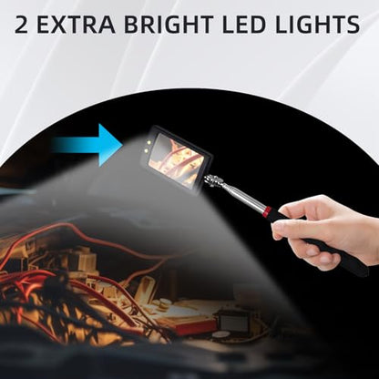 2Pcs Telescoping Lighted Inspection Mirror, Extendable Inspection Mirror | 360° Rotation, Retractable Handle, Bright LED Lights, for Inspection Viewing Mechanic Checking
