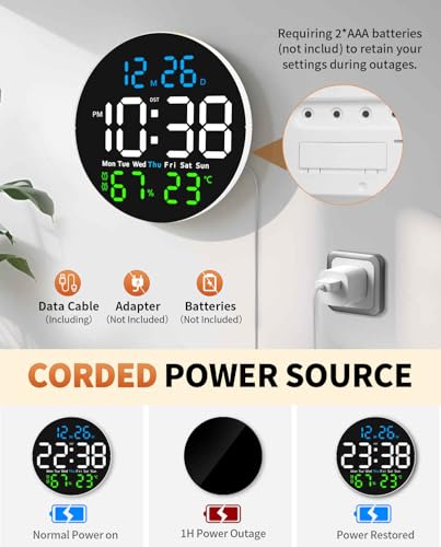 10 Inch Large Digital Wall Clock with 9 Color Changing Remote Control, Date Week Temperature, Auto Brightness Dimmer Clock Night Lights,Blue+Green - color: Blue+green