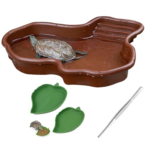 Reptile Habitat for Turtle Salamander Bearded Dragon Lizard Gecko | Water Pool for Turtle Bathing Pool, Accessories & Enclosure for Frog Snake, Food Feeding Bowl, Tweezers & Bath Tub Set