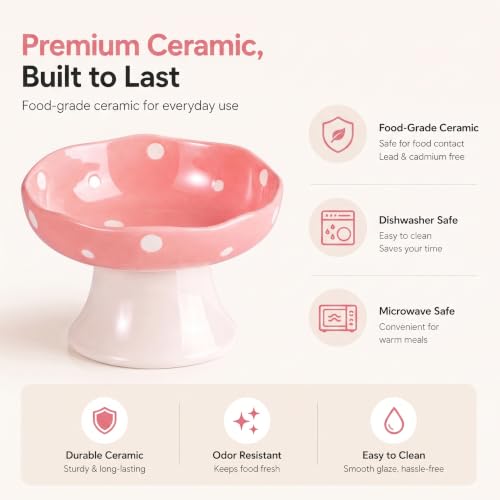 Pink Mushroom Cat Bowl, Elevated Ceramic Feeding Bowl | Elevated, Ceramic, Tilted Design, Whisker-Friendly, Dishwasher Safe, cute - color: Pink